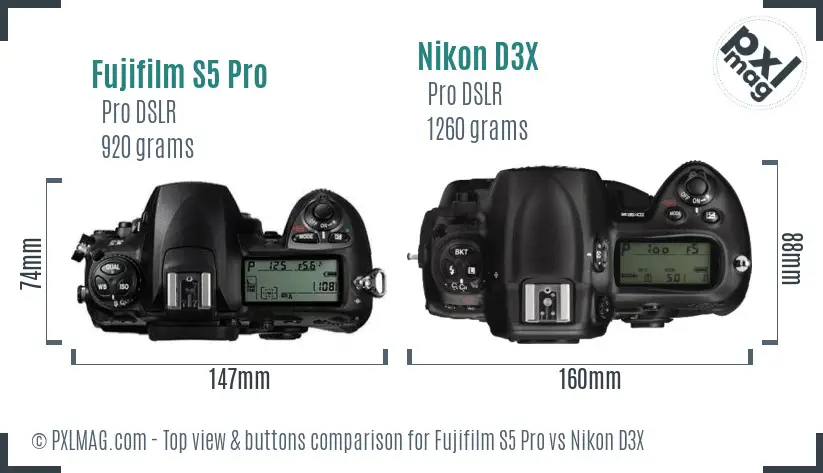 Fujifilm S5 Pro vs Nikon D3X top view buttons comparison