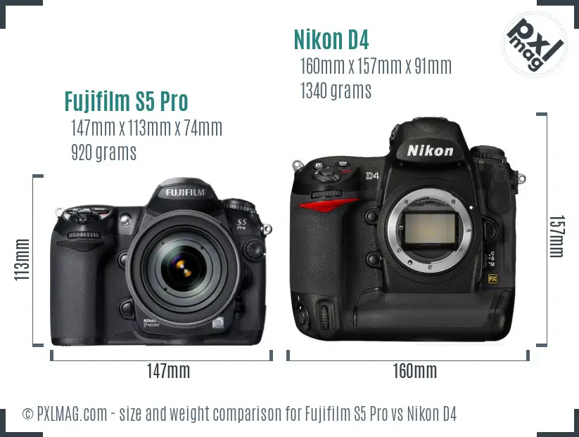 Fujifilm S5 Pro vs Nikon D4 size comparison