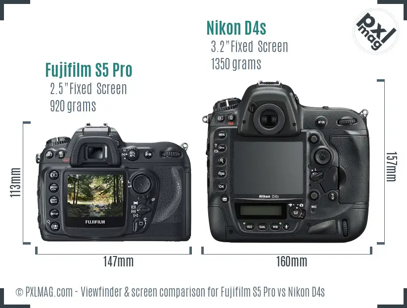 Fujifilm S5 Pro vs Nikon D4s Screen and Viewfinder comparison
