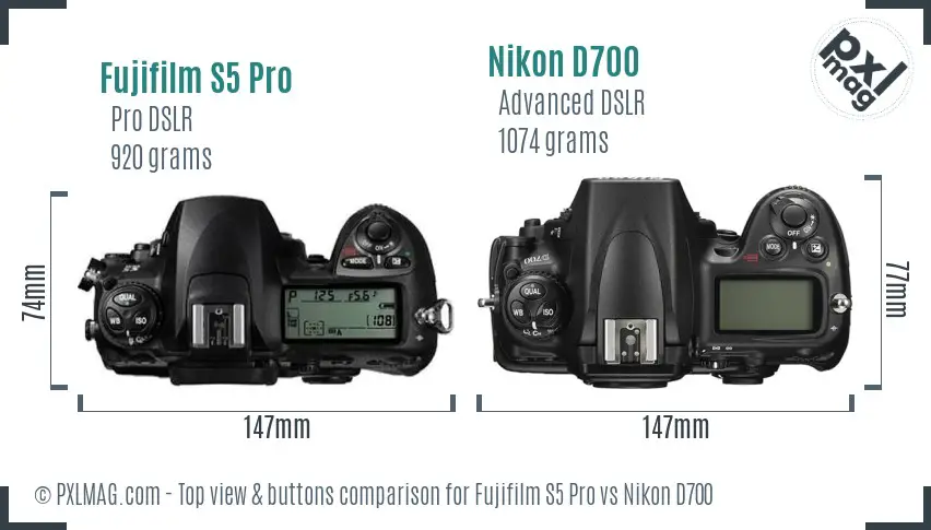 Fujifilm S5 Pro vs Nikon D700 top view buttons comparison Fujifilm S5 Pro vs Nikon D700 top view buttons comparison