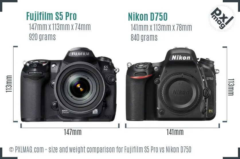 Fujifilm S5 Pro vs Nikon D750 size comparison