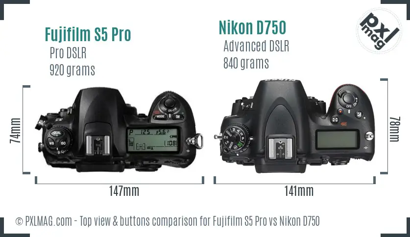 Fujifilm S5 Pro vs Nikon D750 top view buttons comparison
