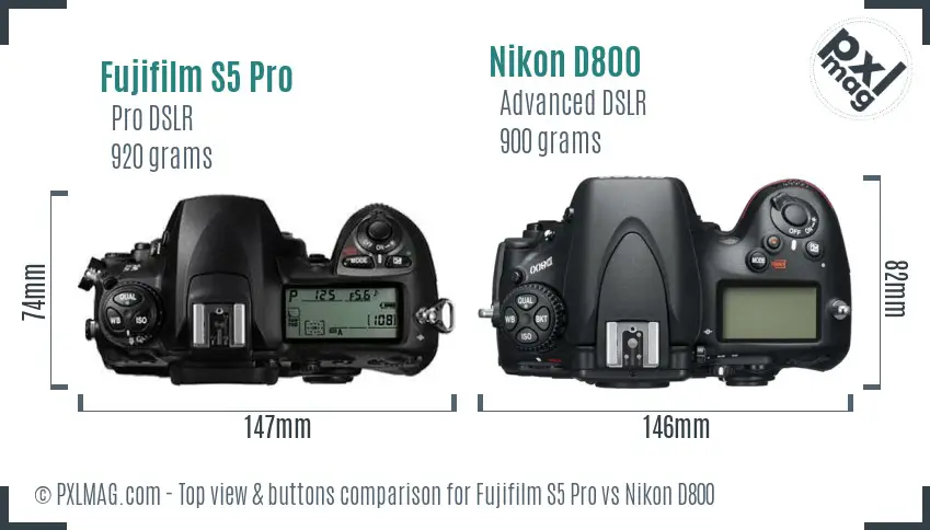 Fujifilm S5 Pro vs Nikon D800 top view buttons comparison Fujifilm S5 Pro vs Nikon D800 top view buttons comparison