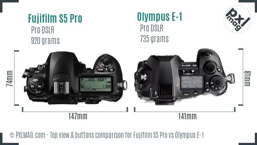 Fujifilm S5 Pro vs Olympus E-1 top view buttons comparison
