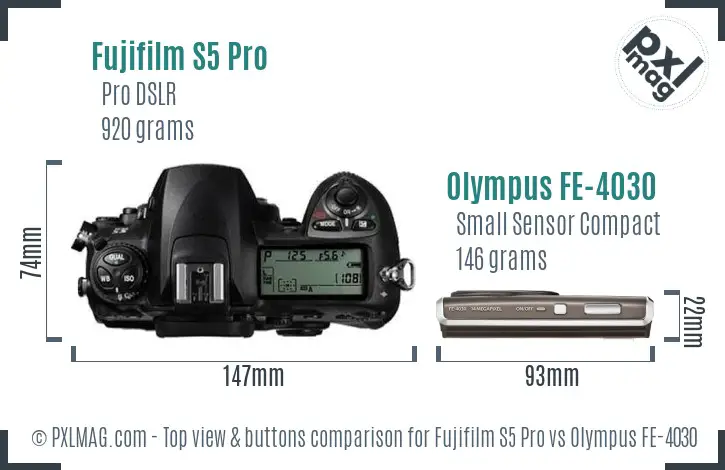 Fujifilm S5 Pro vs Olympus FE-4030 top view buttons comparison