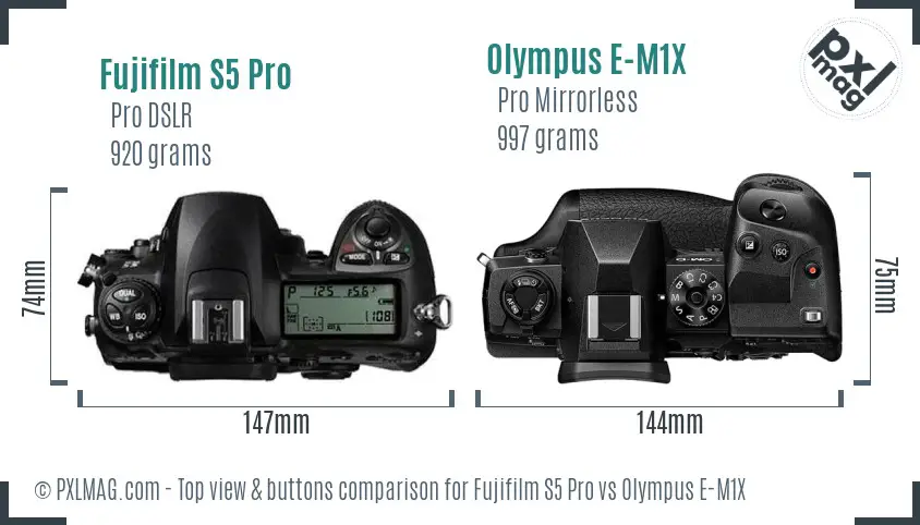 Fujifilm S5 Pro vs Olympus E-M1X top view buttons comparison