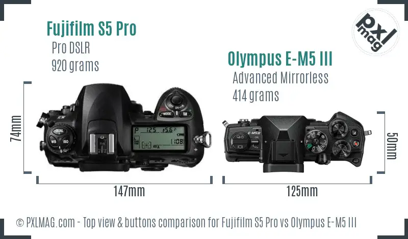 Fujifilm S5 Pro vs Olympus E-M5 III top view buttons comparison