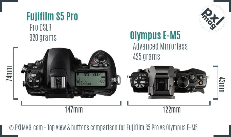 Fujifilm S5 Pro vs Olympus E-M5 top view buttons comparison