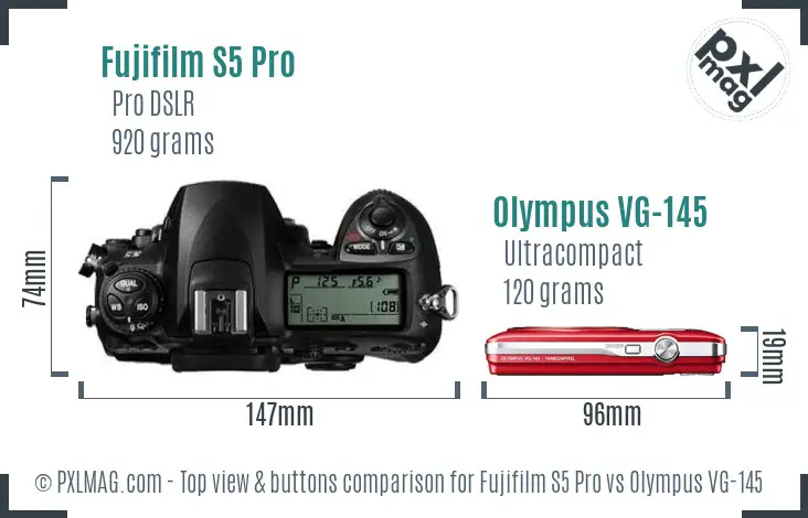 Fujifilm S5 Pro vs Olympus VG-145 top view buttons comparison