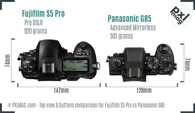Fujifilm S5 Pro vs Panasonic G85 top view buttons comparison