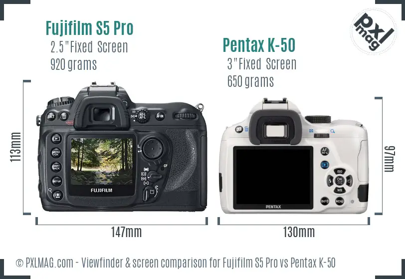 Fujifilm S5 Pro vs Pentax K-50 Screen and Viewfinder comparison