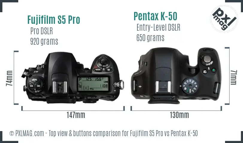 Fujifilm S5 Pro vs Pentax K-50 top view buttons comparison