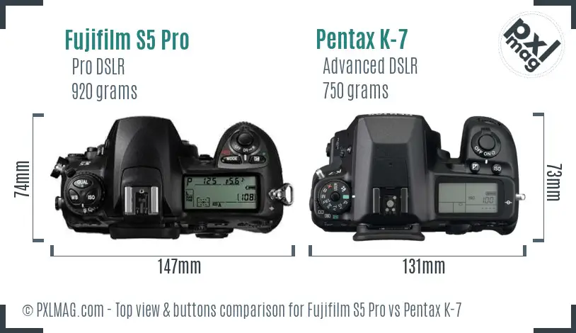 Fujifilm S5 Pro vs Pentax K-7 top view buttons comparison