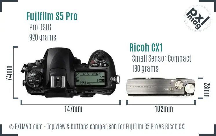 Fujifilm S5 Pro vs Ricoh CX1 top view buttons comparison