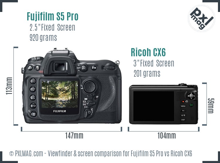 Fujifilm S5 Pro vs Ricoh CX6 Screen and Viewfinder comparison