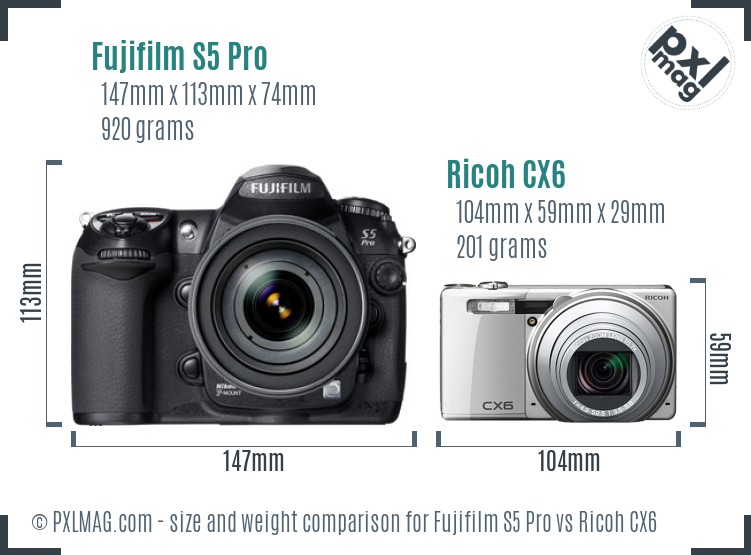 Fujifilm S5 Pro vs Ricoh CX6 size comparison Fujifilm S5 Pro vs Ricoh CX6 size comparison