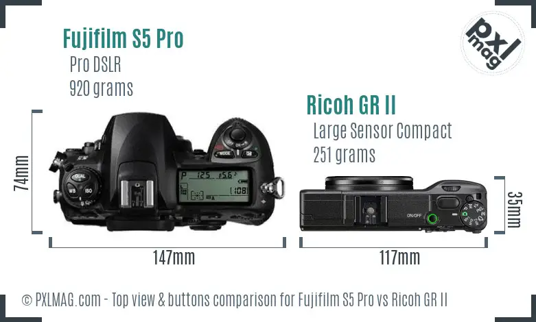 Fujifilm S5 Pro vs Ricoh GR II top view buttons comparison