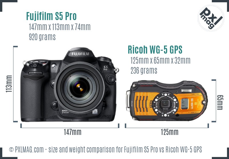 Fujifilm S5 Pro vs Ricoh WG-5 GPS size comparison