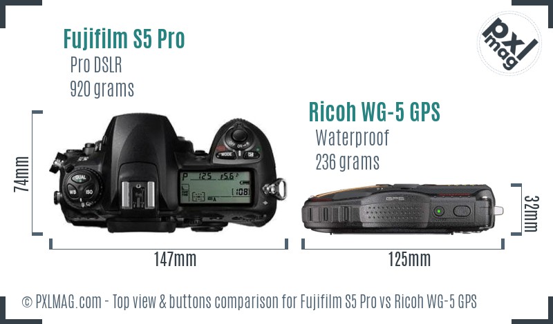 Fujifilm S5 Pro vs Ricoh WG-5 GPS top view buttons comparison