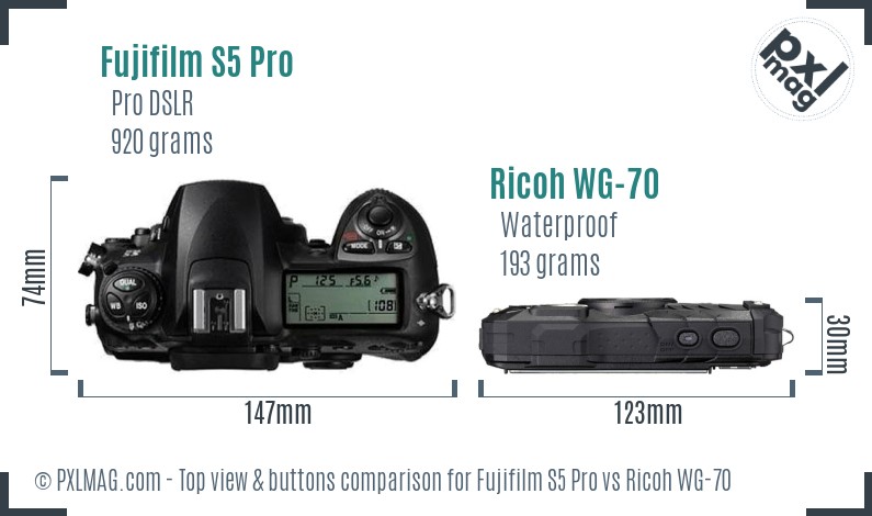 Fujifilm S5 Pro vs Ricoh WG-70 top view buttons comparison