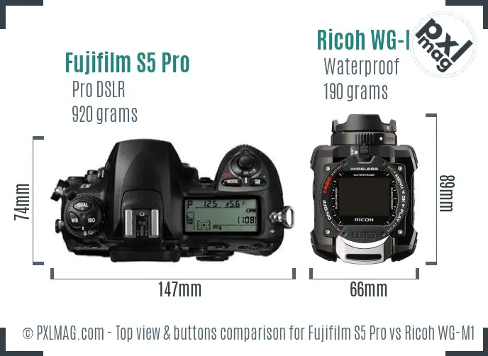 Fujifilm S5 Pro vs Ricoh WG-M1 top view buttons comparison