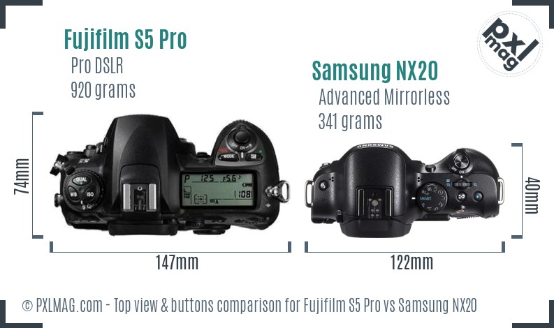 Fujifilm S5 Pro vs Samsung NX20 top view buttons comparison