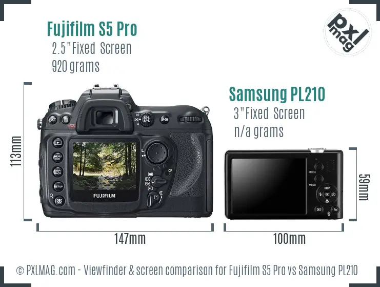 Fujifilm S5 Pro vs Samsung PL210 Screen and Viewfinder comparison