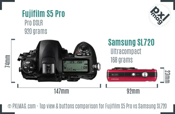 Fujifilm S5 Pro vs Samsung SL720 top view buttons comparison