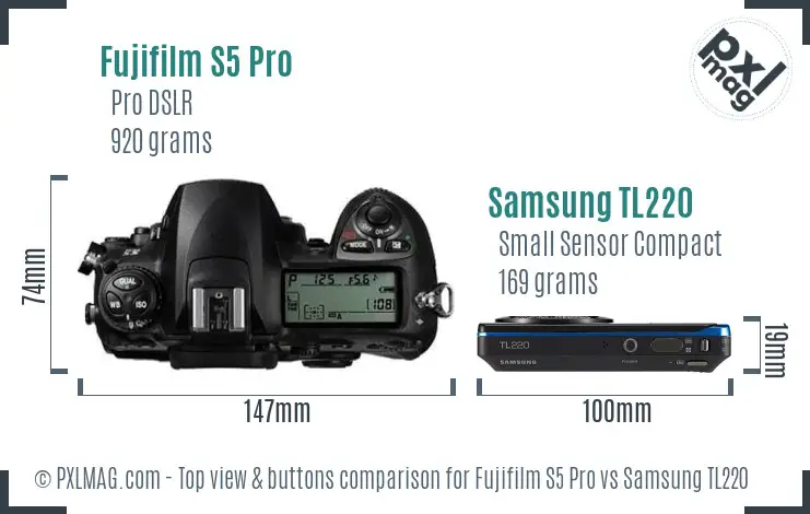 Fujifilm S5 Pro vs Samsung TL220 top view buttons comparison Fujifilm S5 Pro vs Samsung TL220 top view buttons comparison
