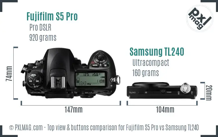 Fujifilm S5 Pro vs Samsung TL240 top view buttons comparison