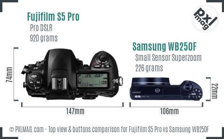 Fujifilm S5 Pro vs Samsung WB250F top view buttons comparison