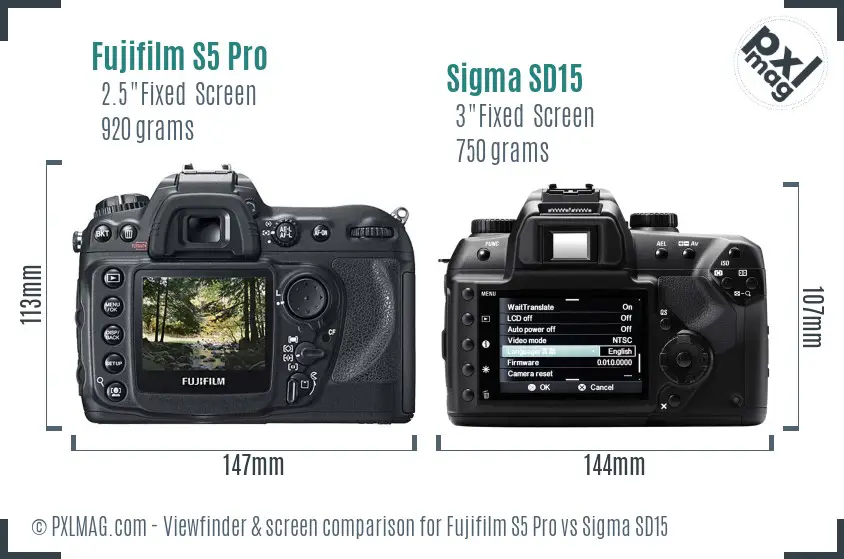 Fujifilm S5 Pro vs Sigma SD15 Screen and Viewfinder comparison