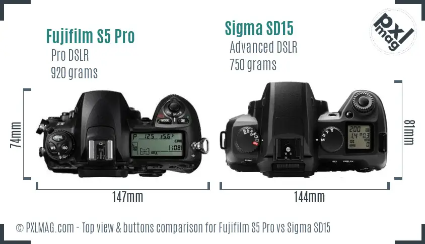 Fujifilm S5 Pro vs Sigma SD15 top view buttons comparison