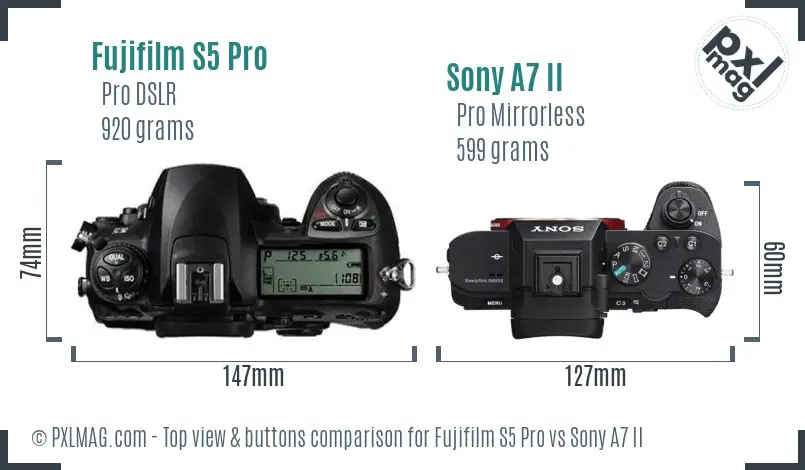 Fujifilm S5 Pro vs Sony A7 II top view buttons comparison