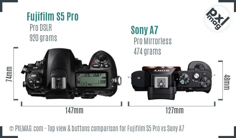 Fujifilm S5 Pro vs Sony A7 top view buttons comparison Fujifilm S5 Pro vs Sony A7 top view buttons comparison