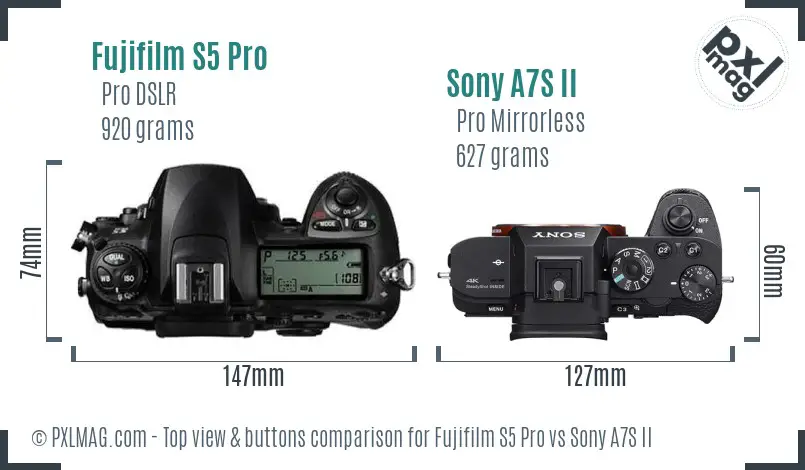 Fujifilm S5 Pro vs Sony A7S II top view buttons comparison Fujifilm S5 Pro vs Sony A7S II top view buttons comparison