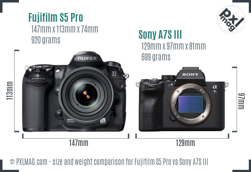 Fujifilm S5 Pro vs Sony A7S III size comparison