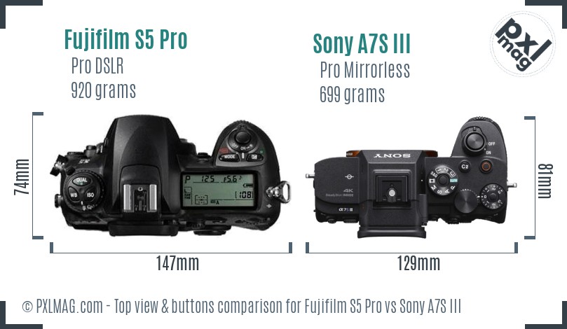 Fujifilm S5 Pro vs Sony A7S III top view buttons comparison