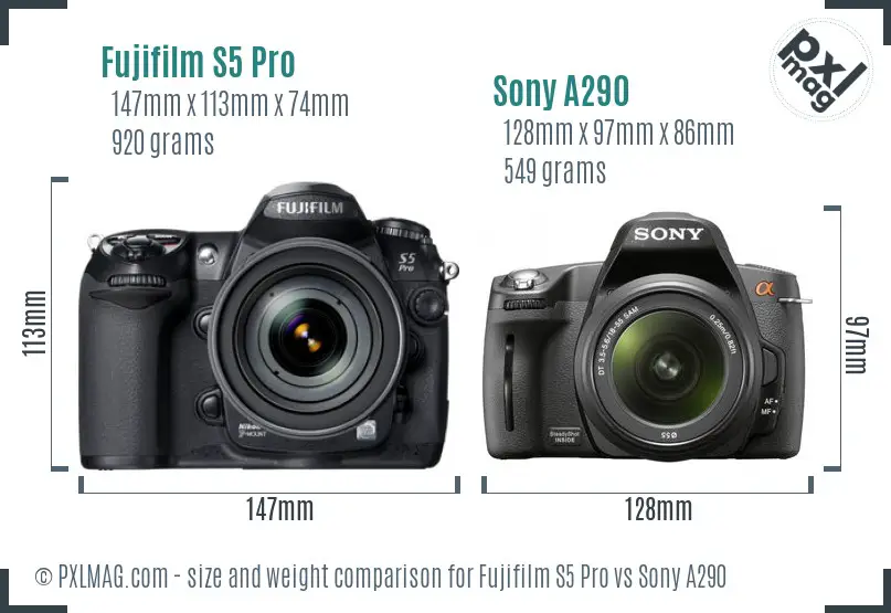 Fujifilm S5 Pro vs Sony A290 size comparison