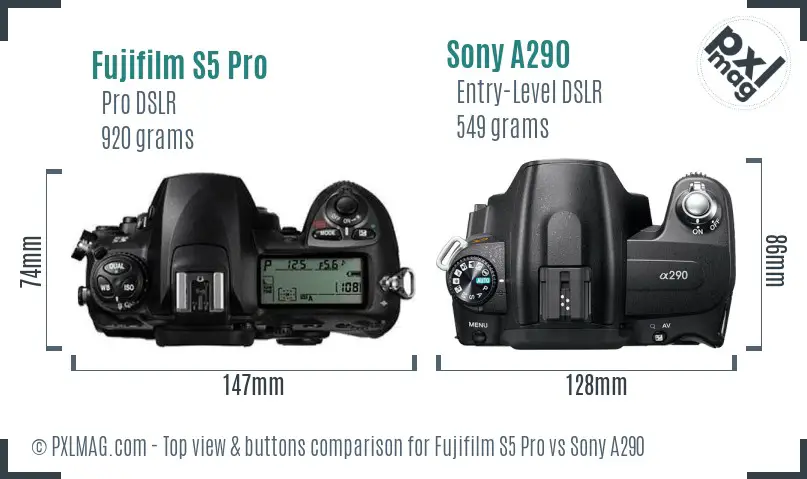 Fujifilm S5 Pro vs Sony A290 top view buttons comparison