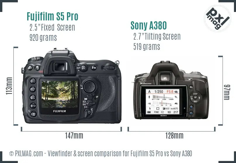 Fujifilm S5 Pro vs Sony A380 Screen and Viewfinder comparison