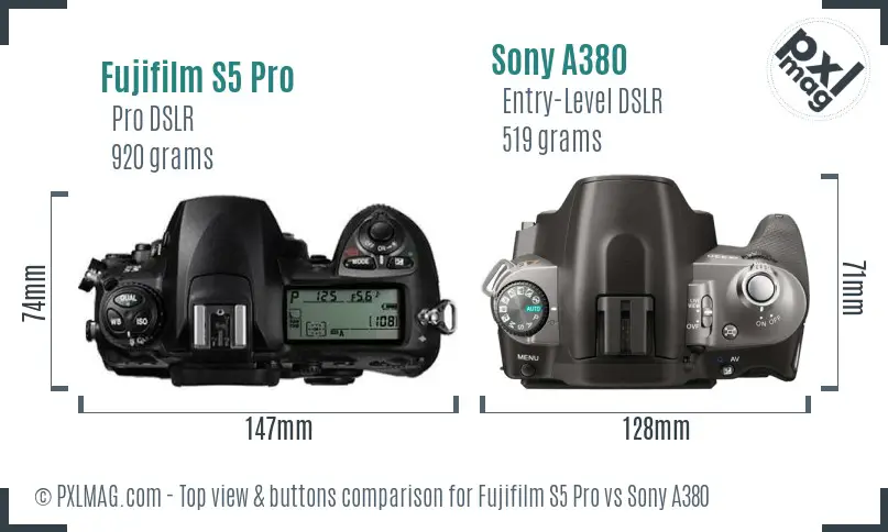 Fujifilm S5 Pro vs Sony A380 top view buttons comparison