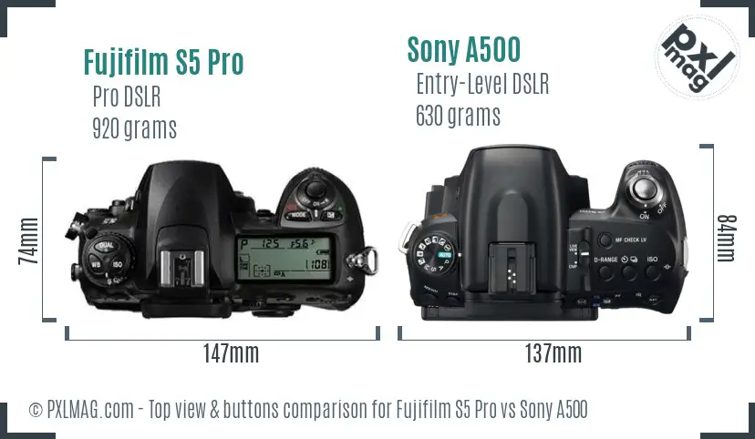 Fujifilm S5 Pro vs Sony A500 top view buttons comparison Fujifilm S5 Pro vs Sony A500 top view buttons comparison