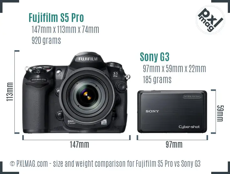 Fujifilm S5 Pro vs Sony G3 size comparison