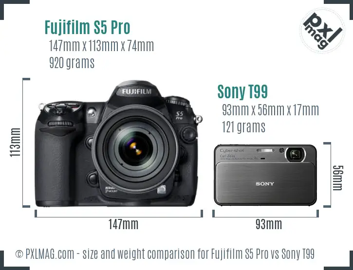 Fujifilm S5 Pro vs Sony T99 size comparison