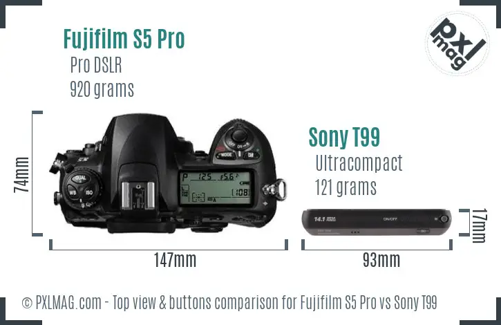 Fujifilm S5 Pro vs Sony T99 top view buttons comparison
