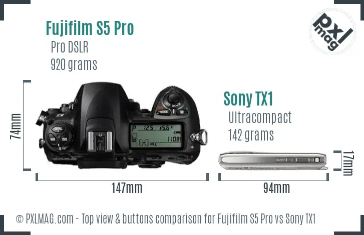 Fujifilm S5 Pro vs Sony TX1 top view buttons comparison
