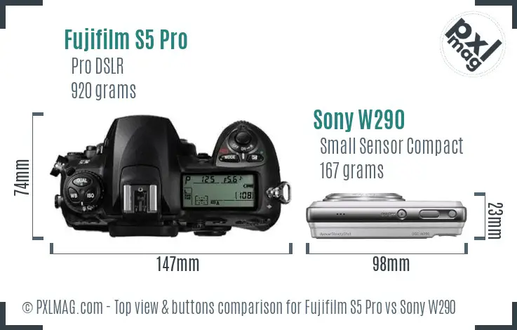 Fujifilm S5 Pro vs Sony W290 top view buttons comparison