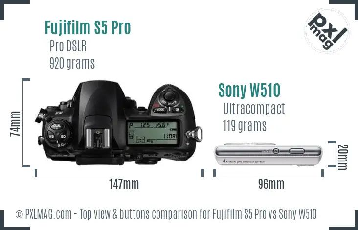 Fujifilm S5 Pro vs Sony W510 top view buttons comparison