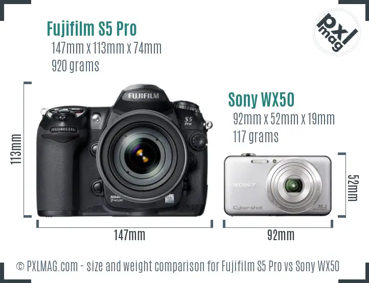 Fujifilm S5 Pro vs Sony WX50 size comparison